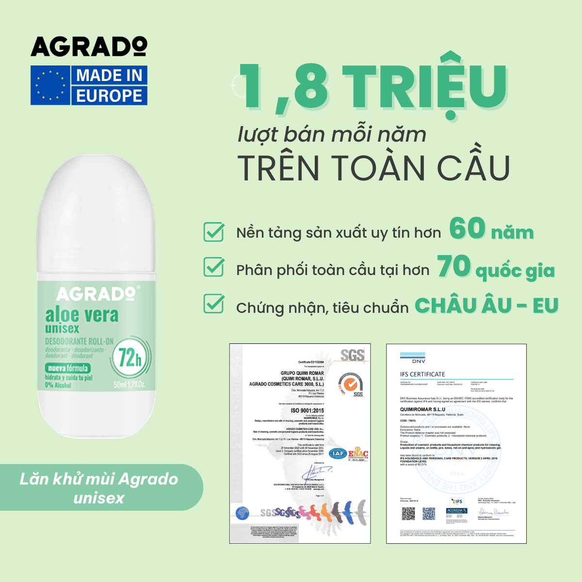 Agrado Lăn khử mùi lô hội Unisex 50ml