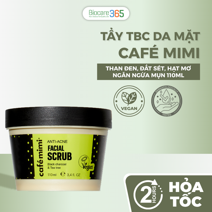 CAFÉ MIMI Tẩy tế bào chết da mặt ngăn ngừa mụn, 110ml