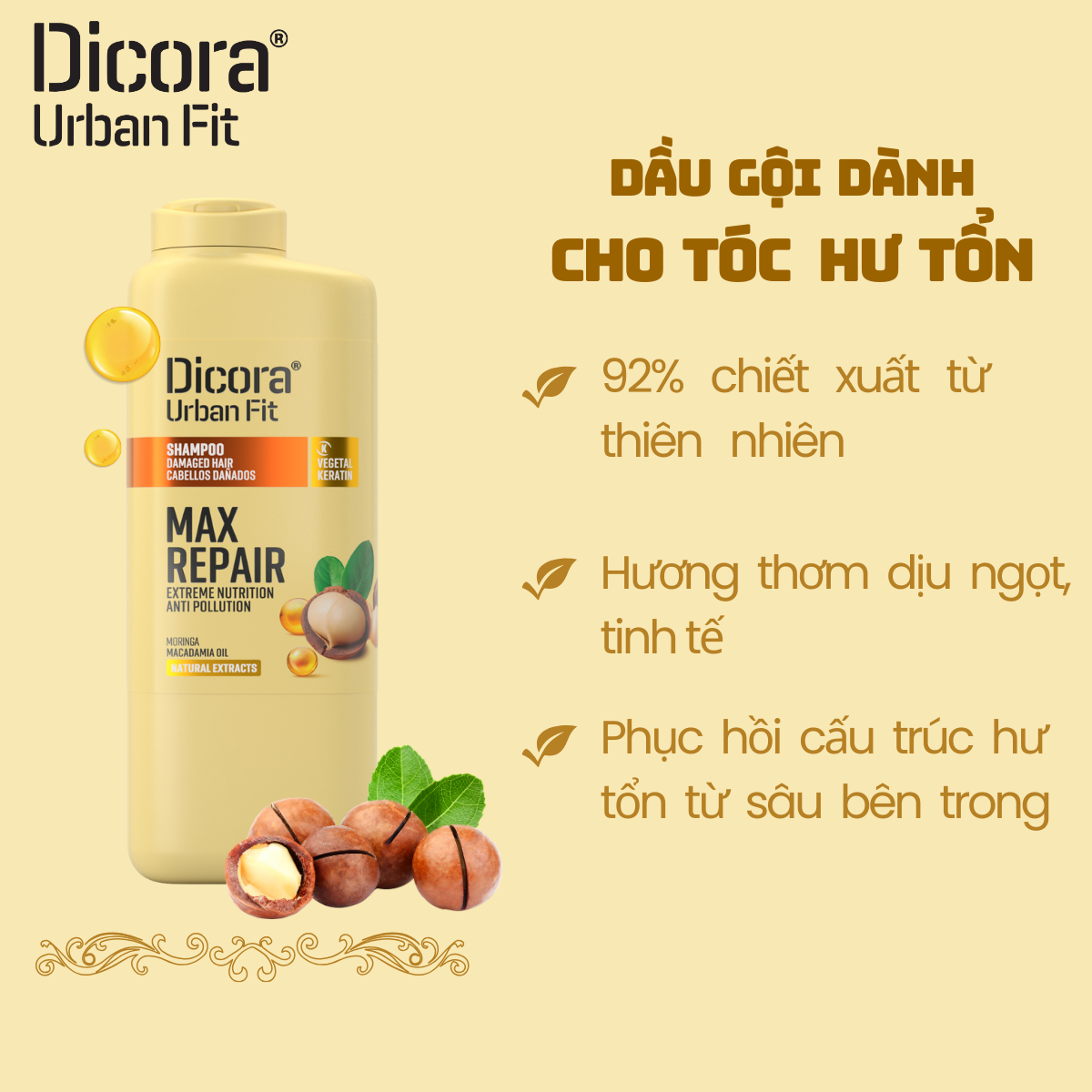 Dicora Dầu gội dành cho tóc hư tổn chiết xuất tinh dầu Macca, 400ml
