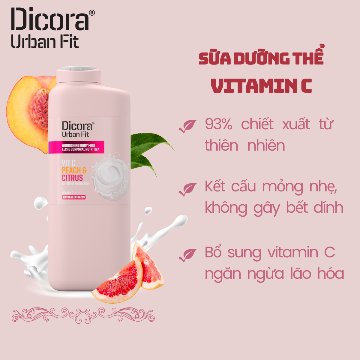  Dicora Sữa duỡng thể Vitamin C huơng Cam Quýt & Đào, 400ml 