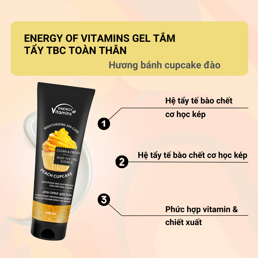 Energy of Vitamins Gel tắm tẩy tế bào chết toàn thân hương bánh cupcake đào 240ml