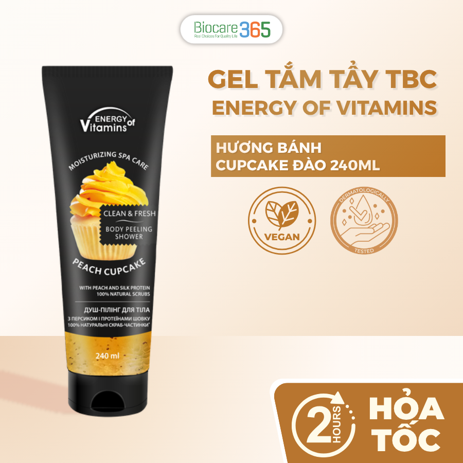 Energy of Vitamins Gel tắm tẩy tế bào chết toàn thân hương bánh cupcake đào 240ml