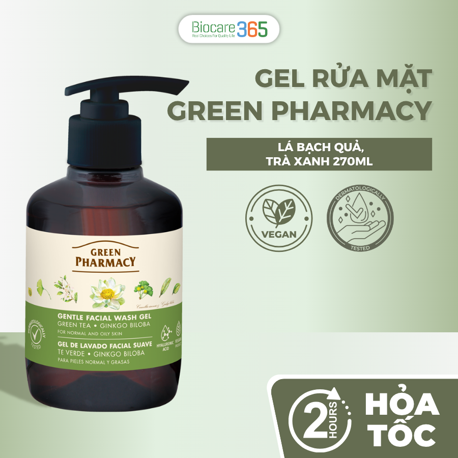 Gel rửa mặt Green Pharmacy chiết xuất Trà xanh và Lá bạch quả 270ml - Dành cho da thường & da dầu