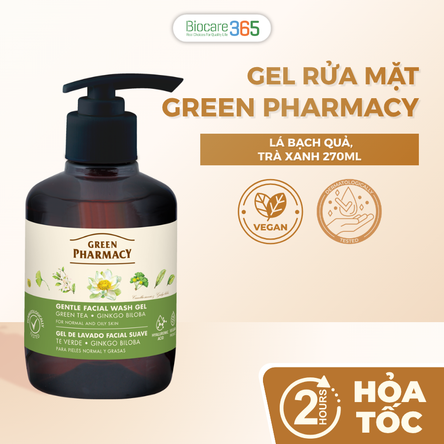 Gel rửa mặt Green Pharmacy chiết xuất Trà xanh và Lá bạch quả 270ml - Dành cho da thường & da dầu
