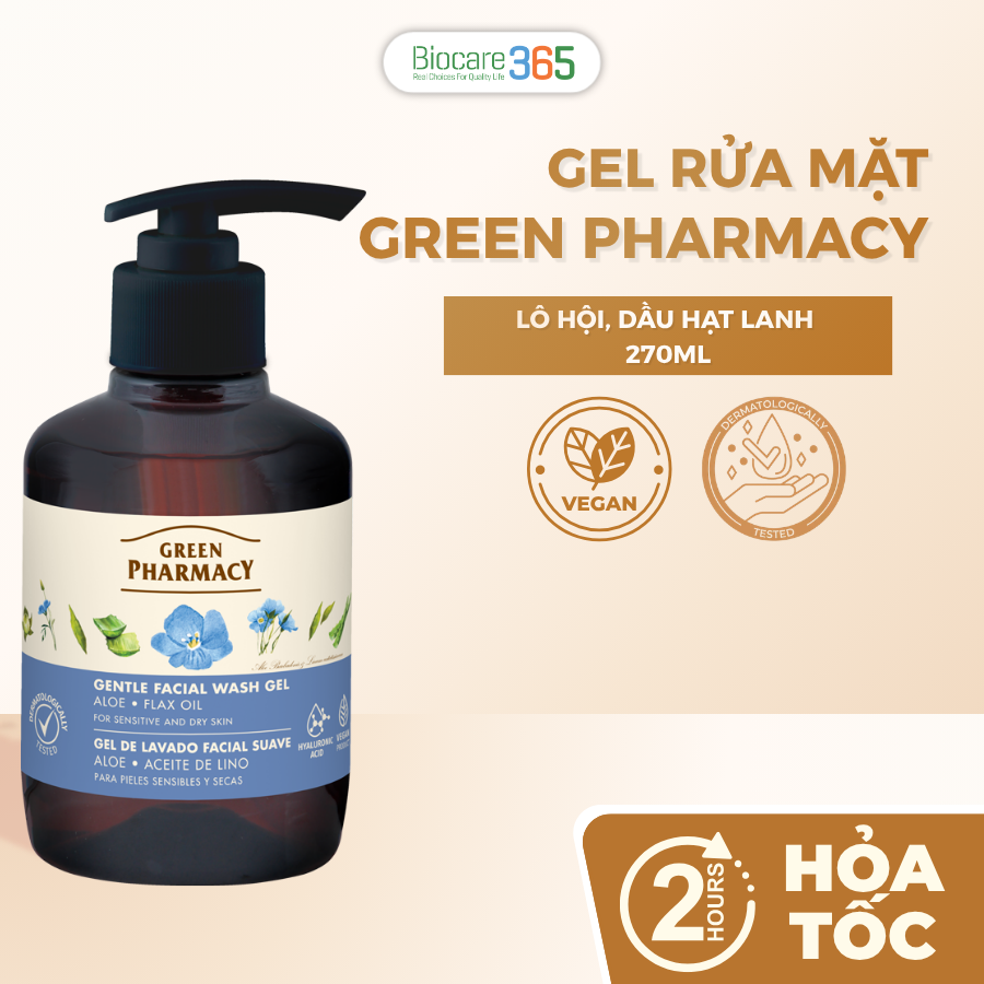 Gel rửa mặt Green Pharmacy lô hội và dầu hạt lanh 270ml - Dành cho da khô và da nhạy cảm