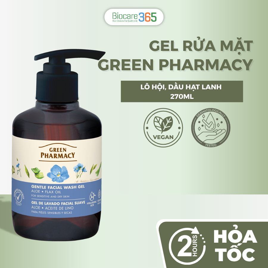 Gel rửa mặt Green Pharmacy lô hội và dầu hạt lanh 270ml - Dành cho da khô và da nhạy cảm