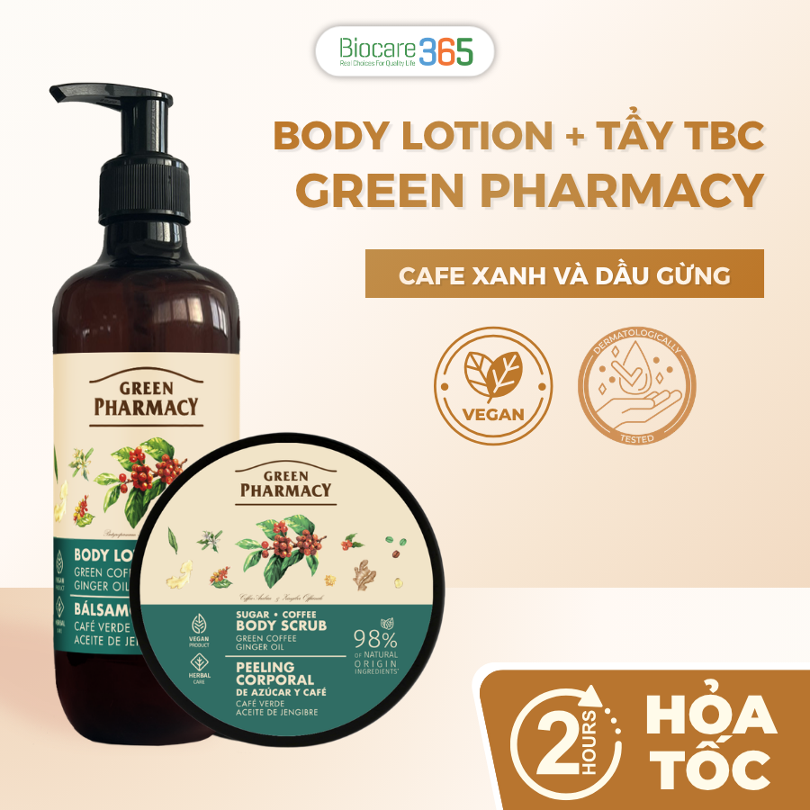 Green Pharmacy Combo Body lotion + Tẩy tế bào chết Cafe xanh và dầu gừng