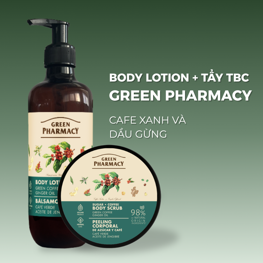 Green Pharmacy Combo Body lotion + Tẩy tế bào chết Cafe xanh và dầu gừng