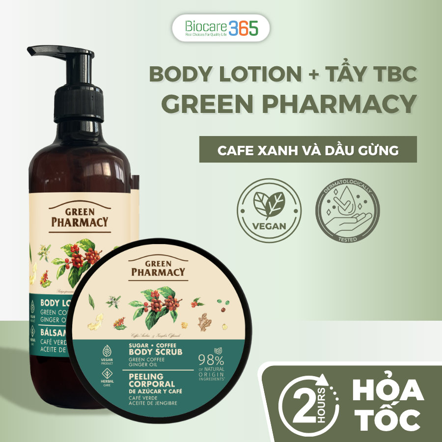Green Pharmacy Combo Body lotion + Tẩy tế bào chết Cafe xanh và dầu gừng
