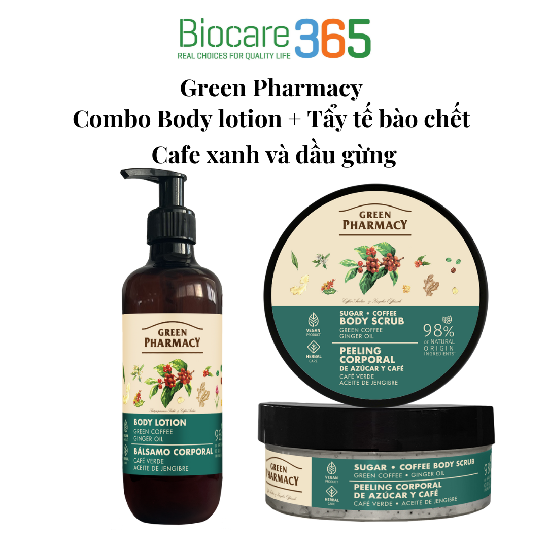 Green Pharmacy Combo Body lotion + Tẩy tế bào chết Cafe xanh và dầu gừng