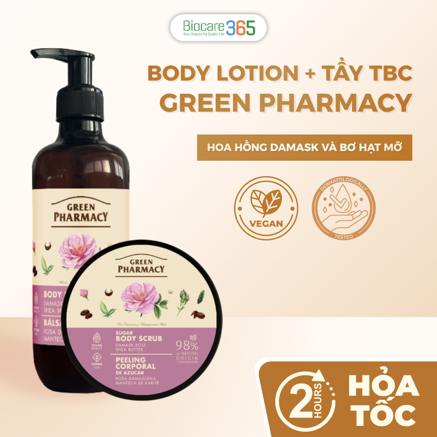 Green Pharmacy Combo Body lotion + Tẩy tế bào chết Hoa hồng Damask và Bơ hạt mỡ