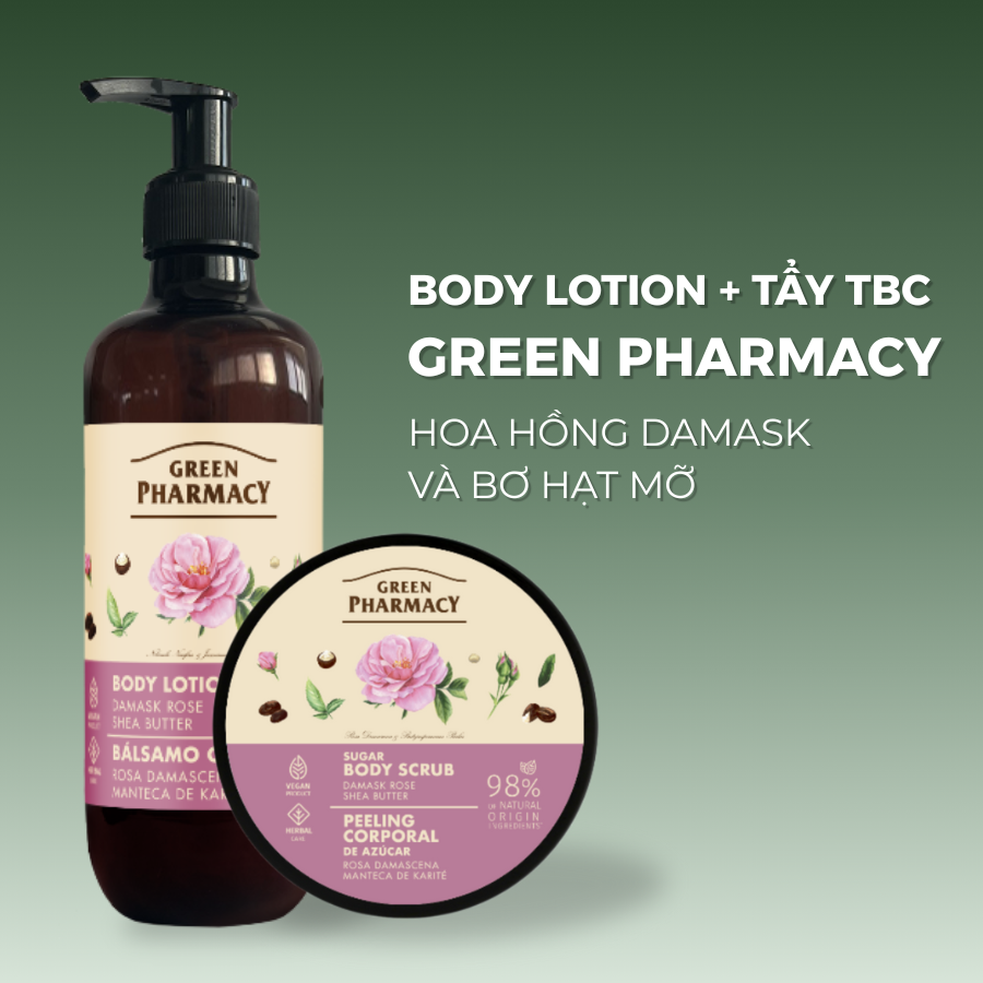 Green Pharmacy Combo Body lotion + Tẩy tế bào chết Hoa hồng Damask và Bơ hạt mỡ