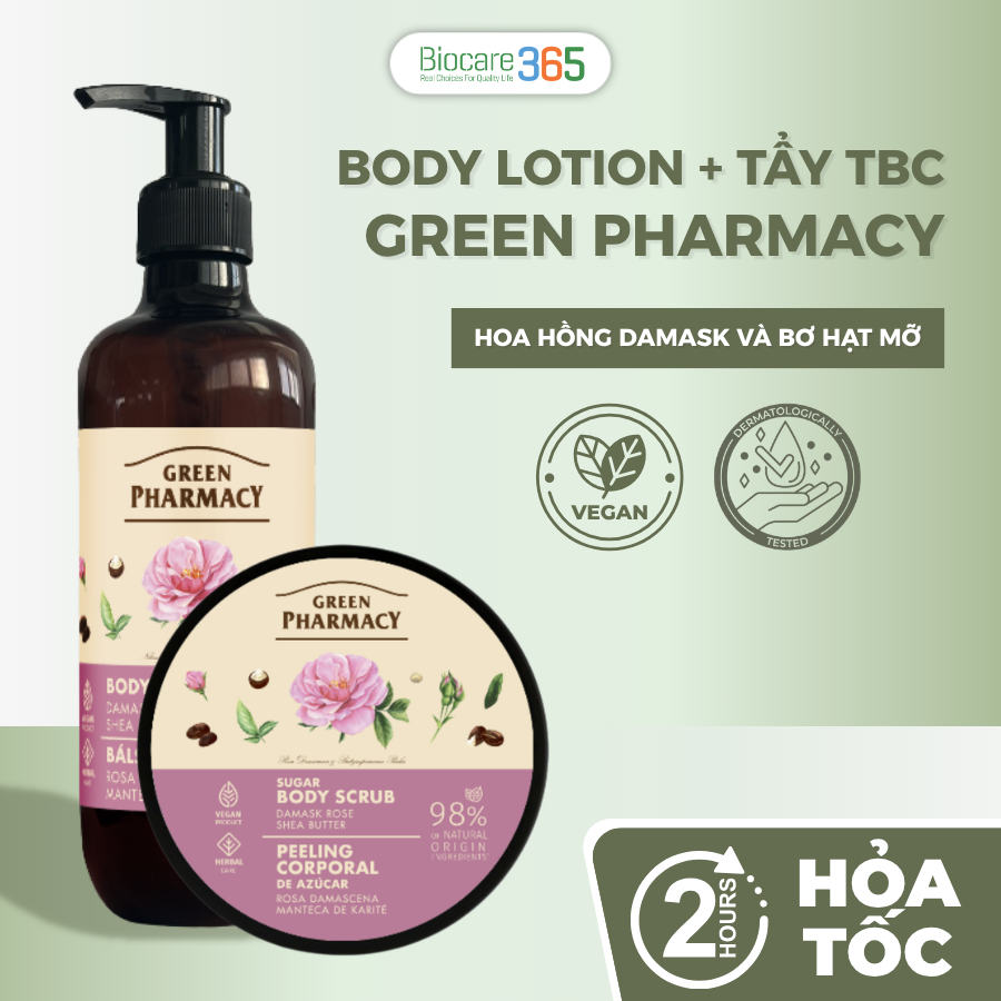 Green Pharmacy Combo Body lotion + Tẩy tế bào chết Hoa hồng Damask và Bơ hạt mỡ