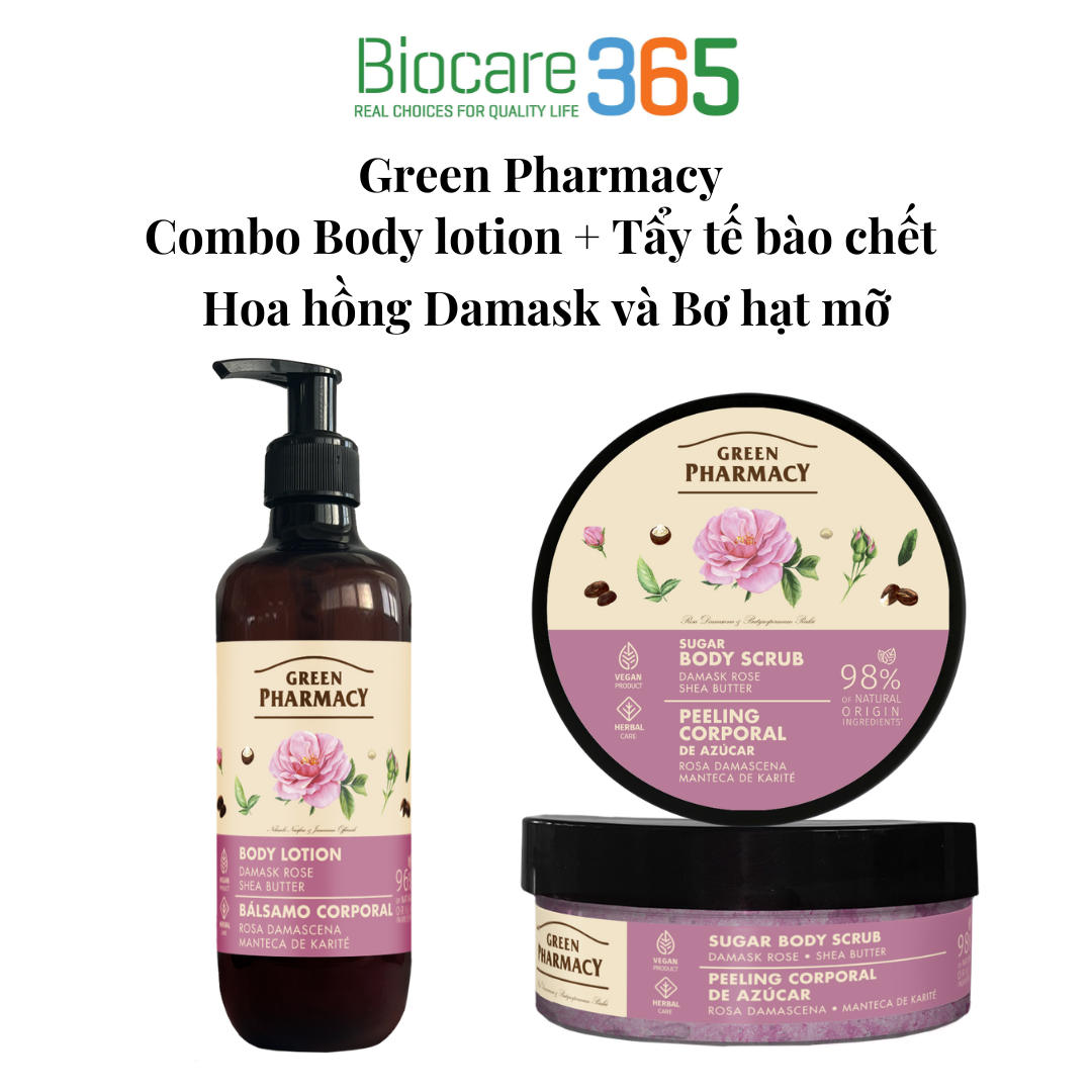  Green Pharmacy Combo Body lotion + Tẩy tế bào chết Hoa hồng Damask và Bơ hạt mỡ 