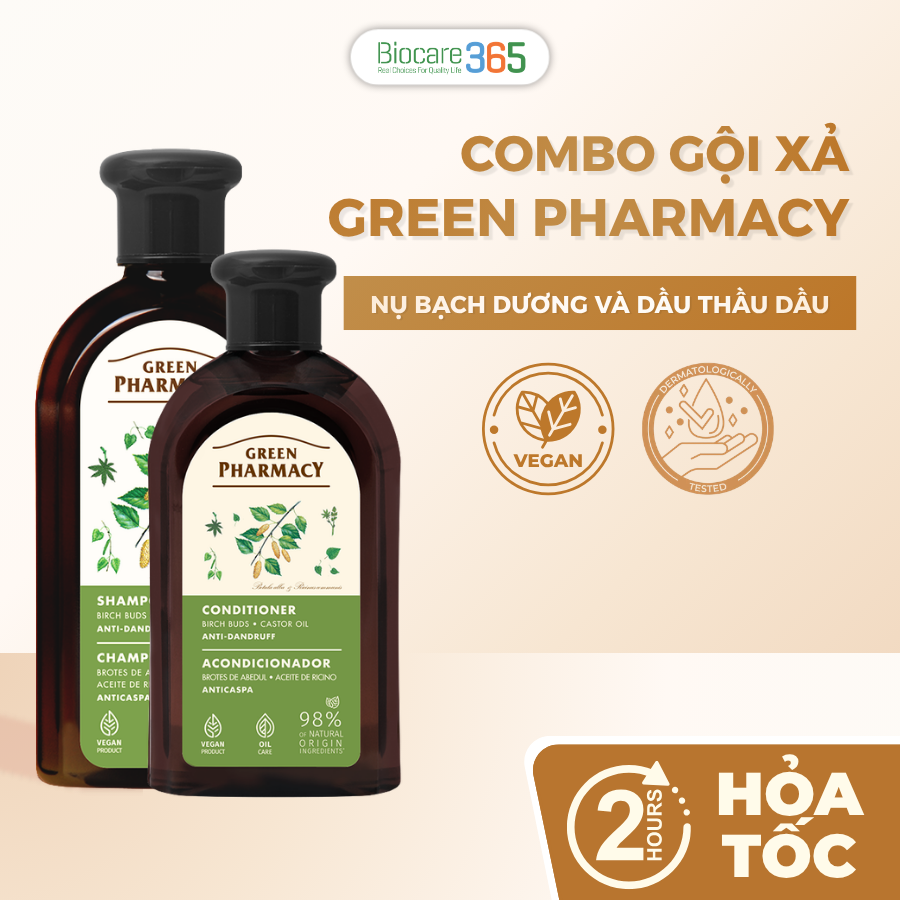 Green Pharmacy Combo Gội xả trị gàu "Nụ bạch dương và dầu thầu dầu"