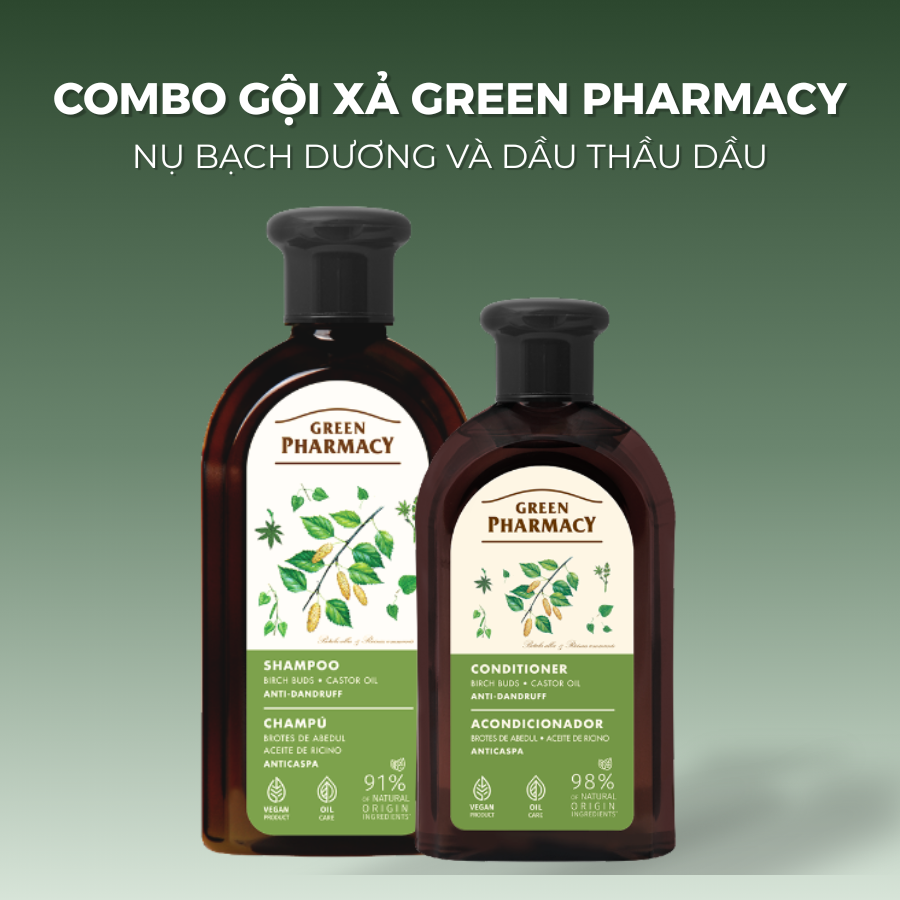 Green Pharmacy Combo Gội xả trị gàu "Nụ bạch dương và dầu thầu dầu"