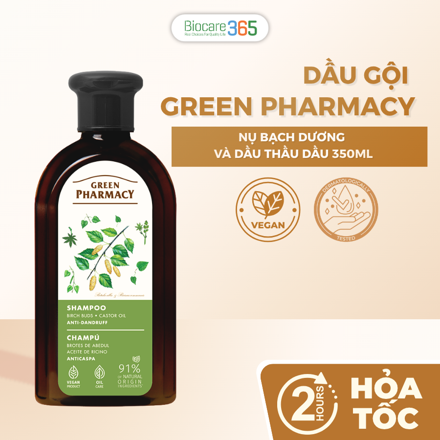 Green Pharmacy Dầu gội ngăn ngừa gàu Nụ bạch dương và dầu thầu dầu, 350ml