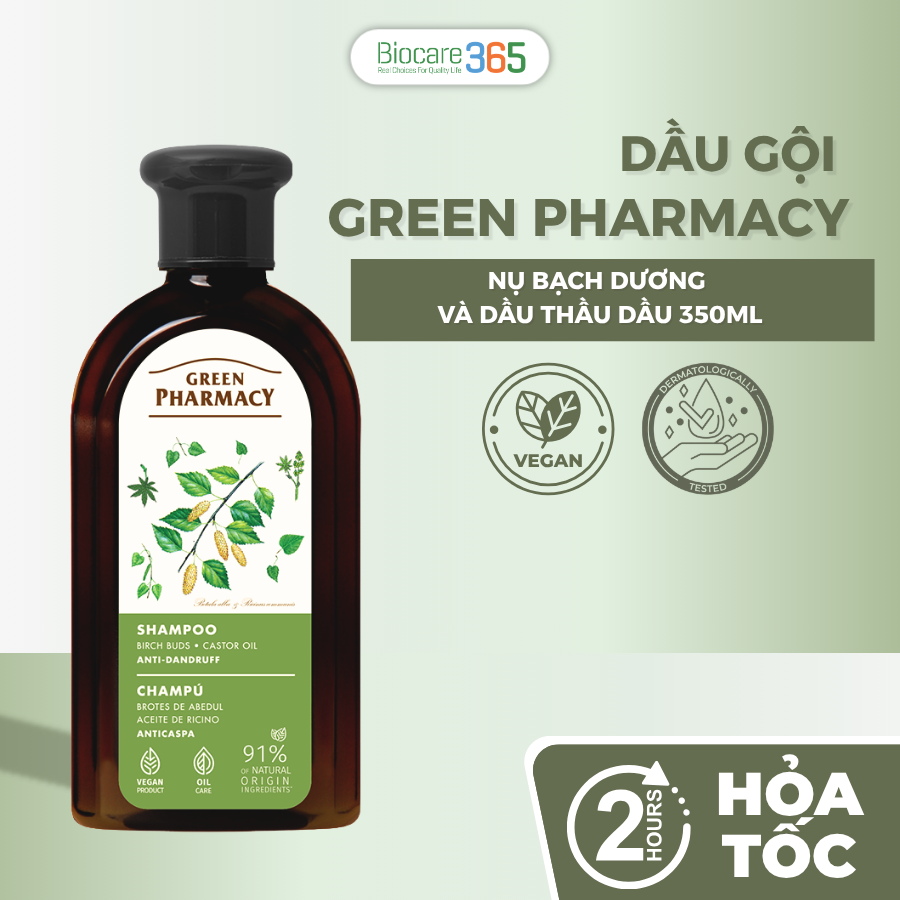 Green Pharmacy Dầu gội ngăn ngừa gàu Nụ bạch dương và dầu thầu dầu, 350ml