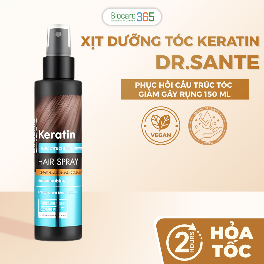 Xịt dưỡng tóc Dr.Sante Keratin phục hồi cấu trúc tóc dành cho tóc bị xơ và dễ gãy rụng 150ml