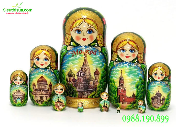 Búp bê nga matryoshka bộ 10 con họa tiết xanh dương