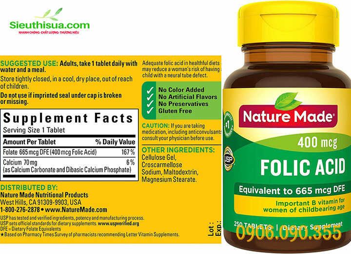 Viên uống bổ sung folic acid 400mcg cho bà bầu của Nature Made