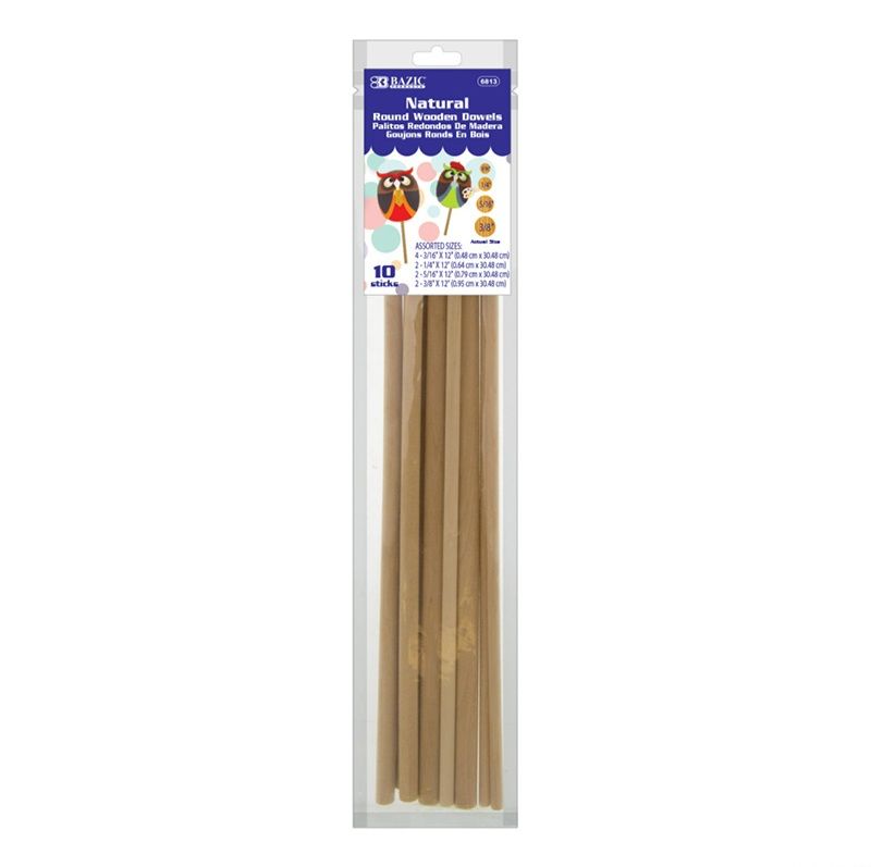 Bazic Natural Round Wooden Dowels Assorted Sizes, 10 Sticks