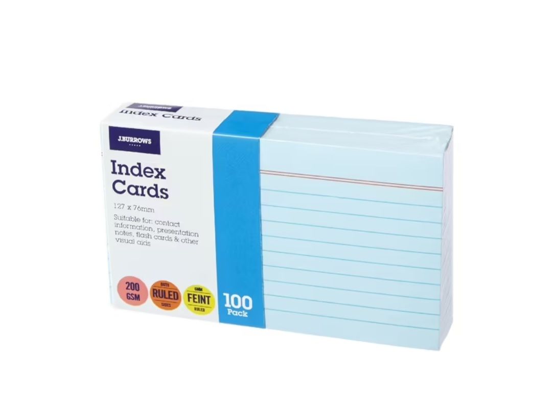 J.Burrows Index Cards 127×76mm, 200GSM, Ruled, 100 sheets