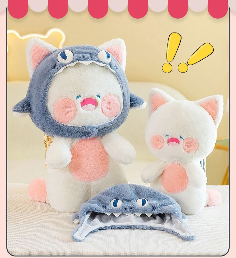 Thú bông Gấu Mèo DuDu trắng đội mũ cá mập cười tít siêu dễ thương