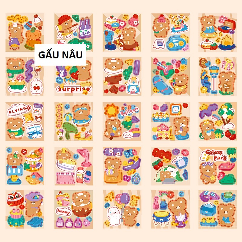 Gấu Nâu - 6x6cm - 01 Tấm Sticker dán hoạ tiết Capybara Panda Gấu Thỏ Cún Thú cưng Động vật và hoạt hình đáng yêu