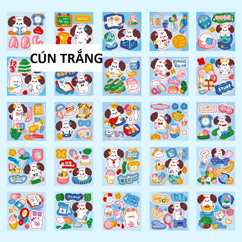 Cún Trắng - 6x6cm - 01 Tấm Sticker dán hoạ tiết Capybara Panda Gấu Thỏ Cún Thú cưng Động vật và hoạt hình đáng yêu