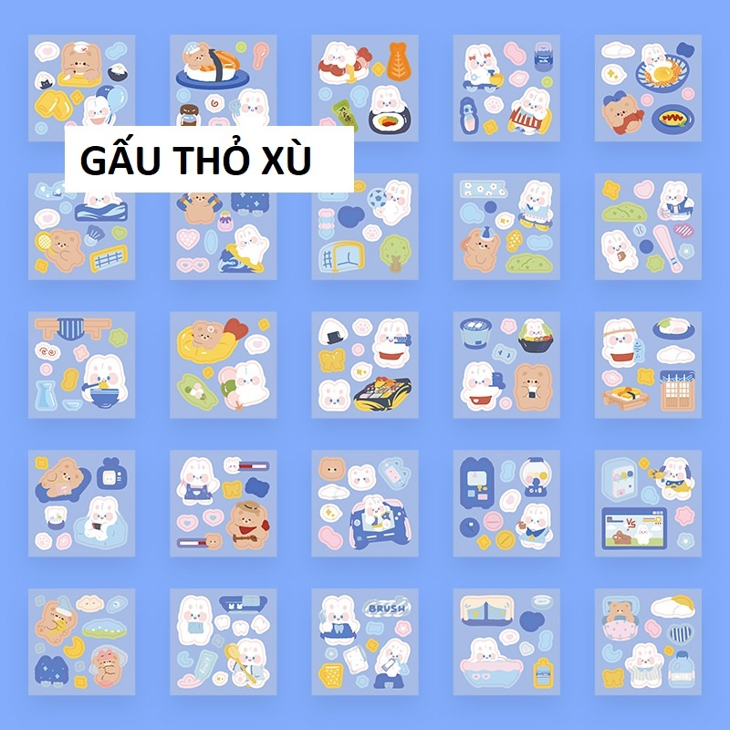 Gấu Thỏ Xù - 6x6cm - 01 Tấm Sticker dán hoạ tiết Capybara Panda Gấu Thỏ Cún Thú cưng Động vật và hoạt hình đáng yêu