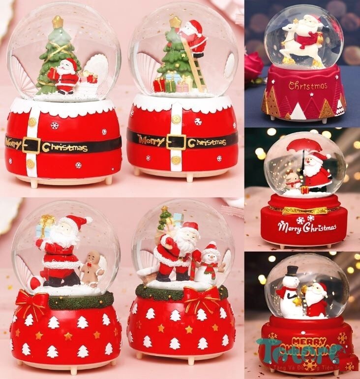 Đỏ - Ô.G.Noel KHÁC - Quả cầu tuyết Ông già Noel Merry Christmas có Nhạc và Đèn - 14.2x10.5x10.5cm (Trang trí Giáng Sinh)