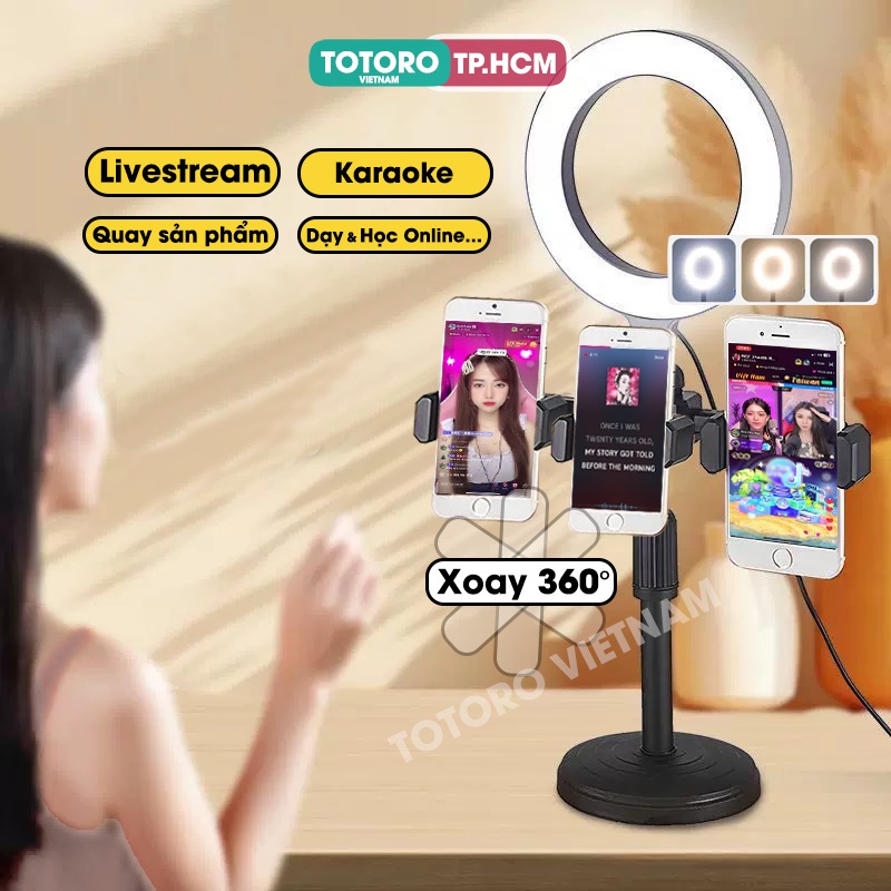 Đèn Livestream để bàn TLLV giá đỡ kẹp 2 điện thoại 3 ánh sáng - Quay video bán hàng live sản phẩm Dạy Học online zoom
