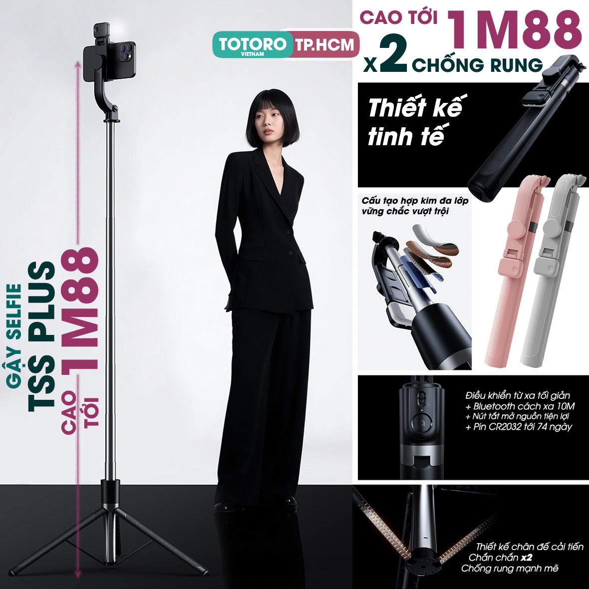 Gậy chụp ảnh Selfie 3 chân TSS PLUS phiên bản Remote 1 Nút chỉ chụp ảnh điều khiển từ xa có phân loại đèn trợ sáng Tripod chụp tự sướng - quay - livestream