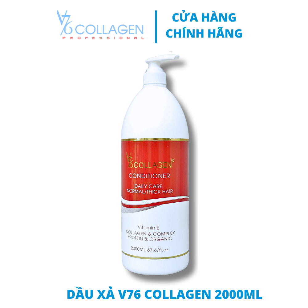 Dầu Xả V76 Collagen 2000ml giúp tóc mềm mượt, loại bỏ dầu thừa và giảm rụng tóc.