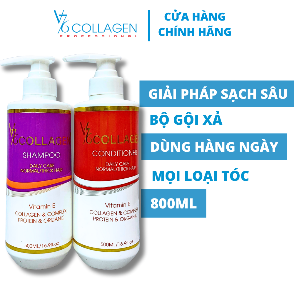 Combo Gội Xả V76 Collagen 500ml giúp tóc mềm mượt, loại bỏ dầu thừa và giảm rụng tóc.