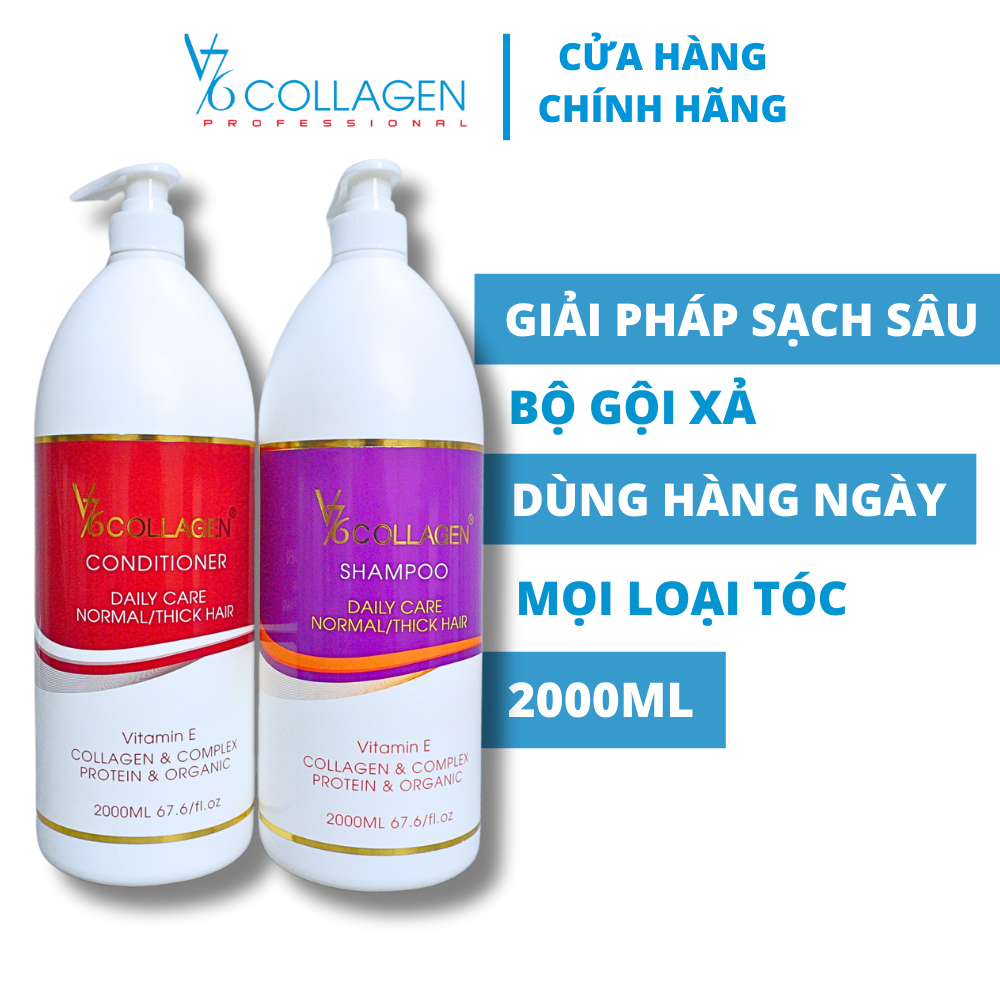 Combo Gội Xả V76 Collagen 2000ml giúp tóc mềm mượt, loại bỏ dầu thừa và giảm rụng tóc.