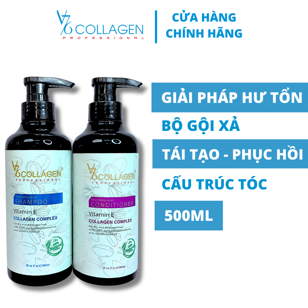 Combo Gội Xả V76 COLLAGEN Phục Hồi Tóc Hư Tổn 500ml, Tái Tạo Cấu Trúc, Nuôi Dưỡng Tóc Khô Sơ.