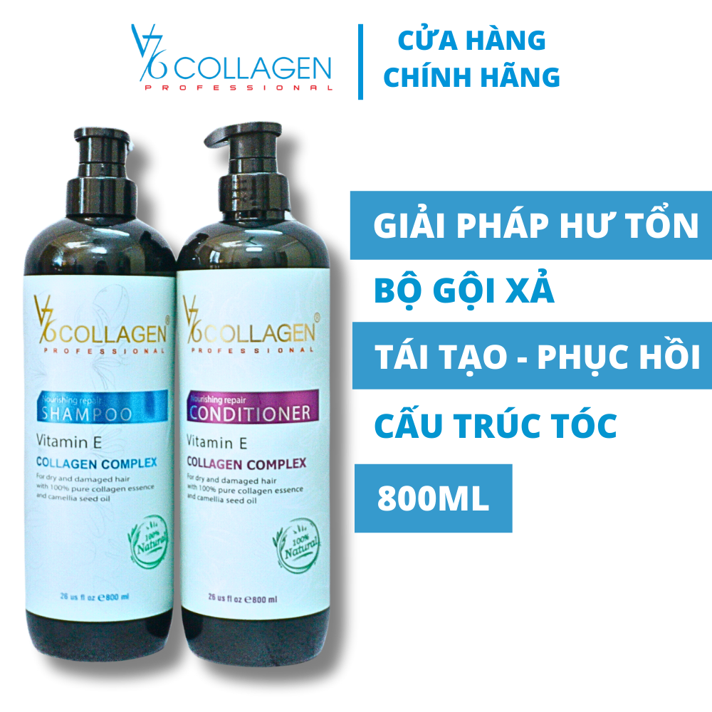 Combo Gội Xả V76 COLLAGEN Phục Hồi Tóc Hư Tổn 800ml, Tái Tạo Cấu Trúc, Nuôi Dưỡng Tóc Khô Sơ.