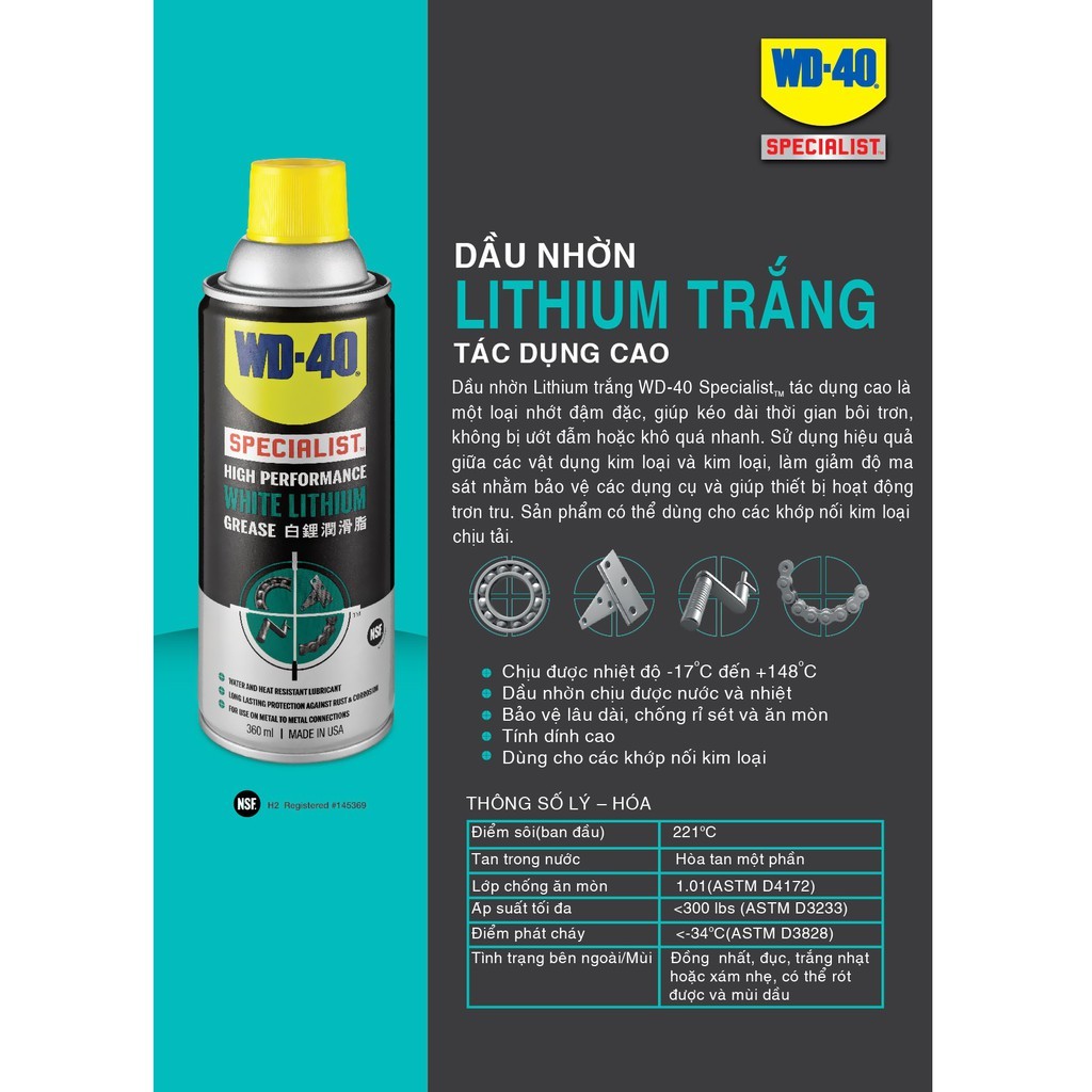 Dầu nhờn bôi trơn tác dụng cao WD-40 Specialist High Performance White Lithium Grease 350054 360ml