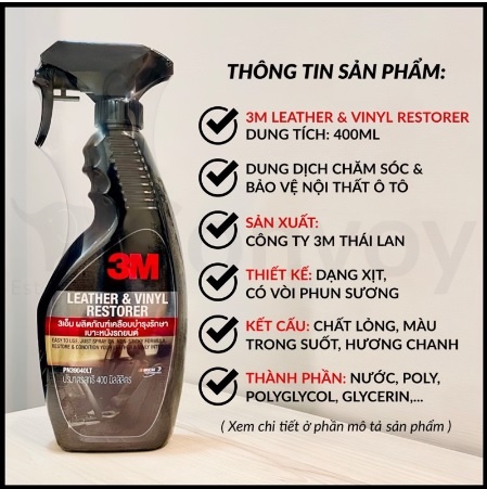 Chai xịt chăm sóc da, vệ sinh nội thất ô tô, taplo, tapi 3M Leather & Vinyl Restorer 39040LT 400ml