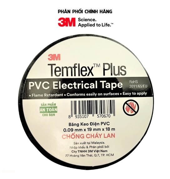 Băng keo điện chống cháy lan 3M Temflex Plus PVC 1518 màu đen 19mm x 18m