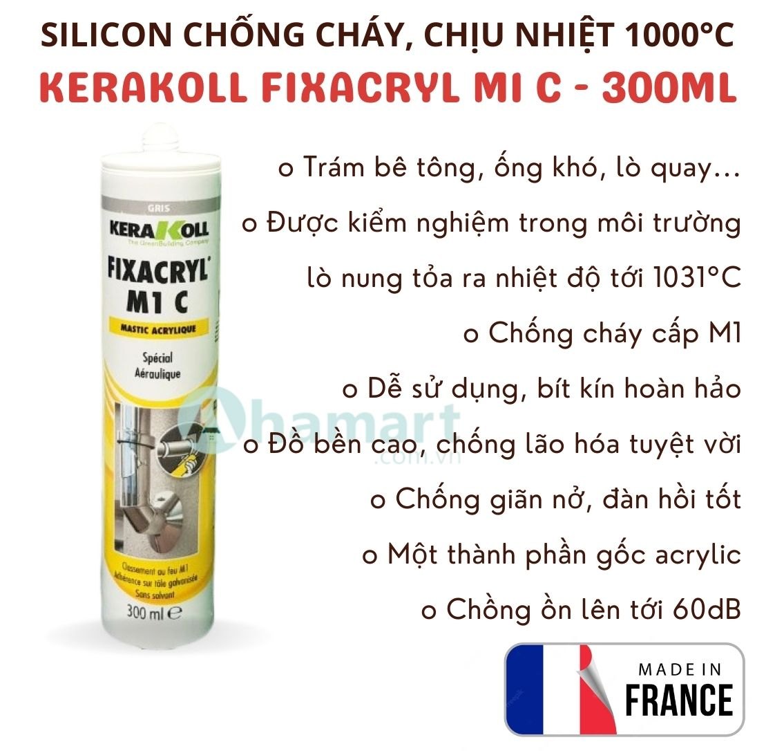 Keo silicon trám chống cháy, chịu hơi nóng, nhiệt độ cao 1000°C Kerakoll Fixacryl M1C 300ml