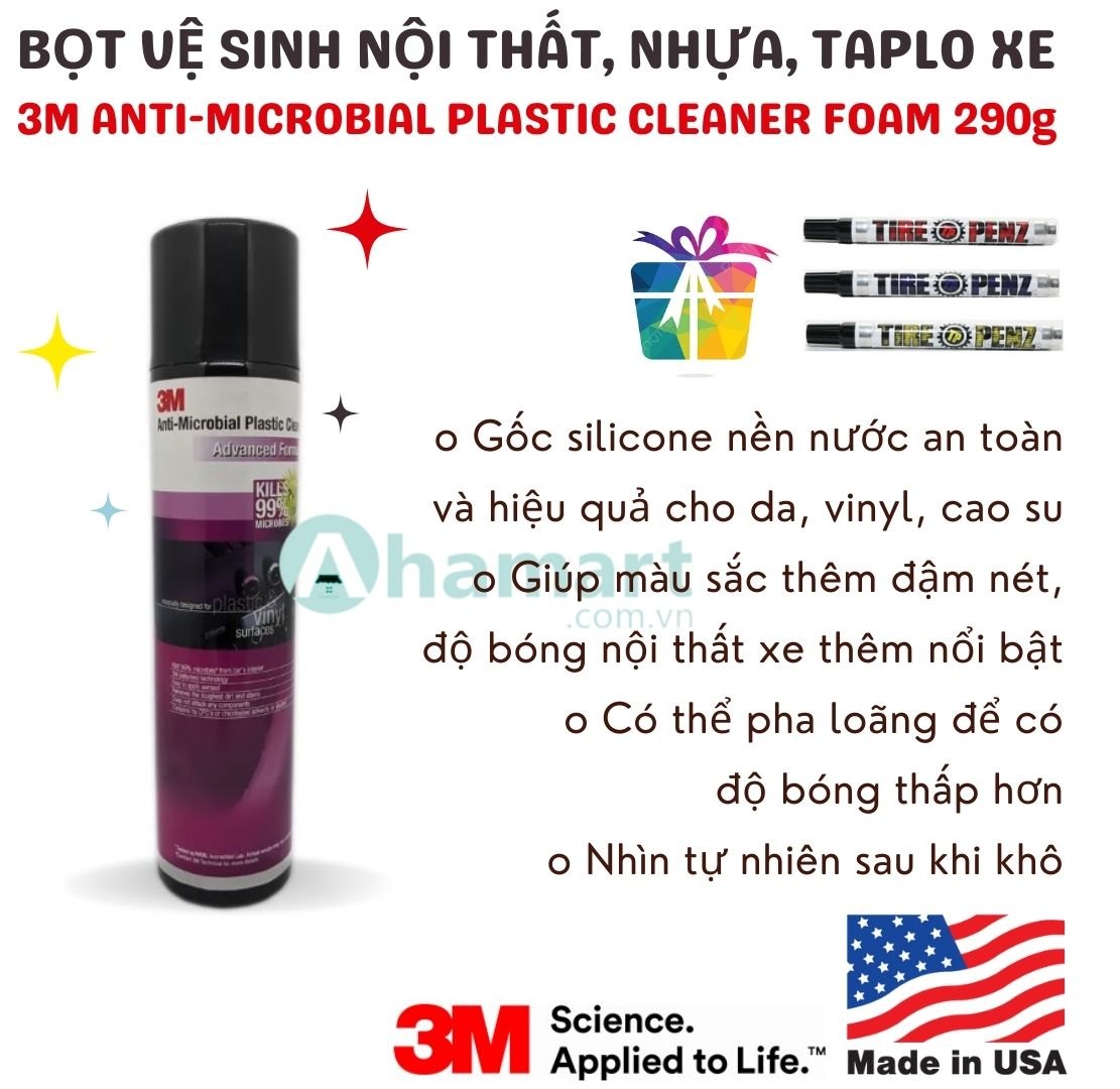 Bọt vệ sinh nội thất, nhựa, taplo ô tô 3M Anti-Microbial Plastic Cleaner Foam 290g