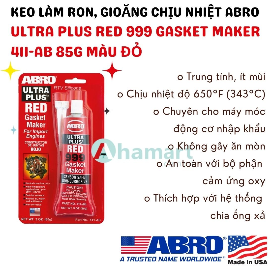 Keo silicone RTV làm gioăng, ron chịu nhiệt Abro Ultra Plus Red 999 Gasket Maker 411-AB 85g màu đỏ