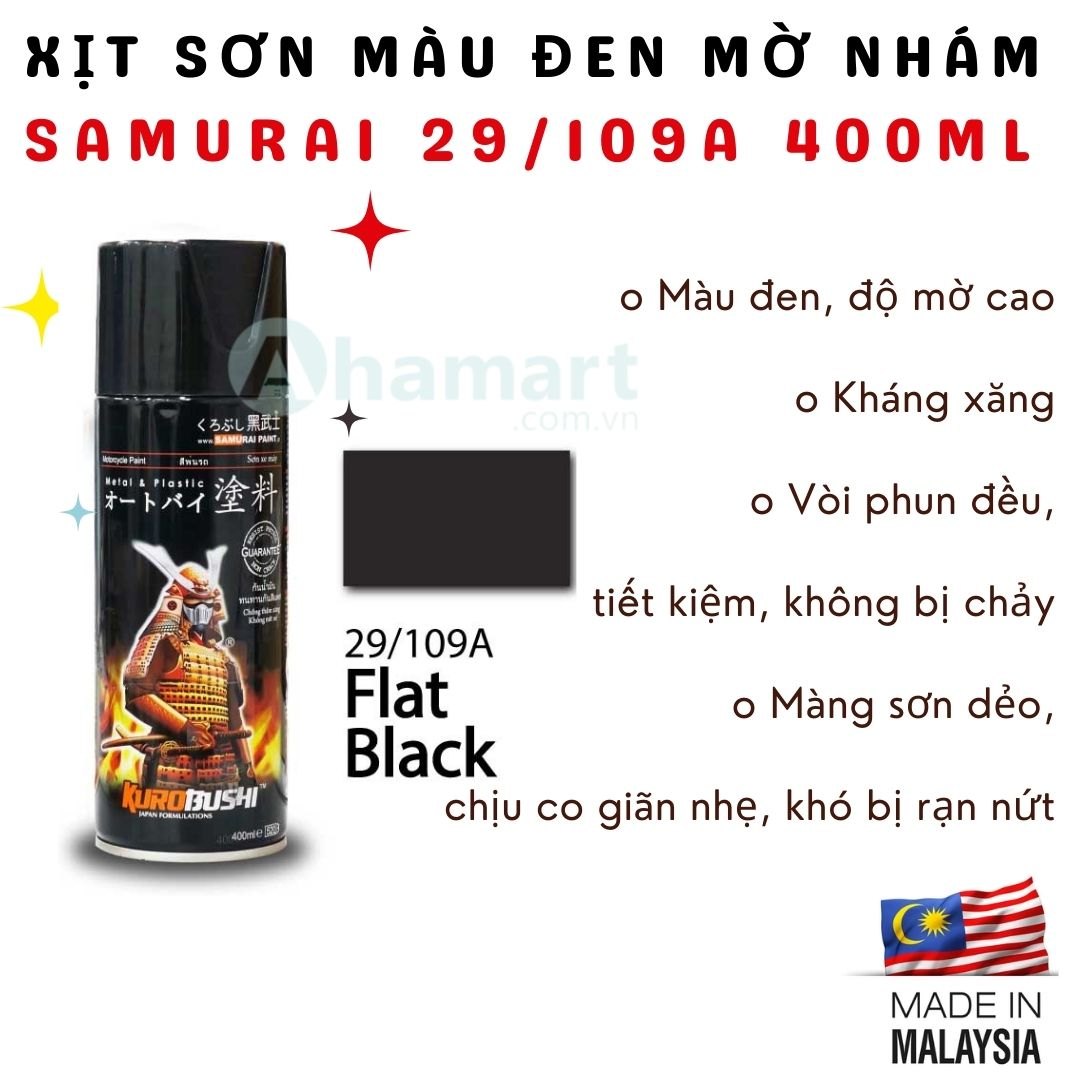 Chai xịt sơn xe Samurai màu đen mờ nhám 29/109A 400ml