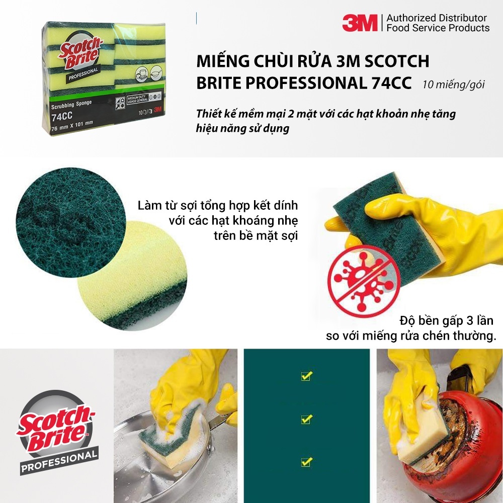 Miếng chùi rửa 3M Scotch Brite Professional Scrubbing Sponge 74CC 2 mặt vàng xanh 3 x 7.6 x 10cm