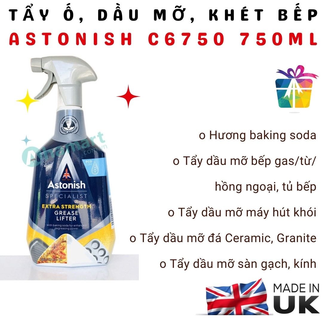 Bình xịt tẩy ố, dầu mỡ, cháy khét trên đá bếp, lò vỉ nướng, mặt bếp, men sứ Astonish C6750 750ml