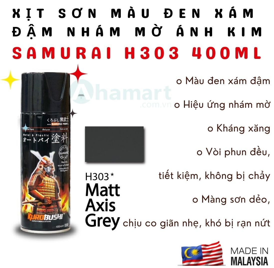 Chai xịt sơn Samurai H303 màu đen xám đậm nhám mờ ánh kim 400ml