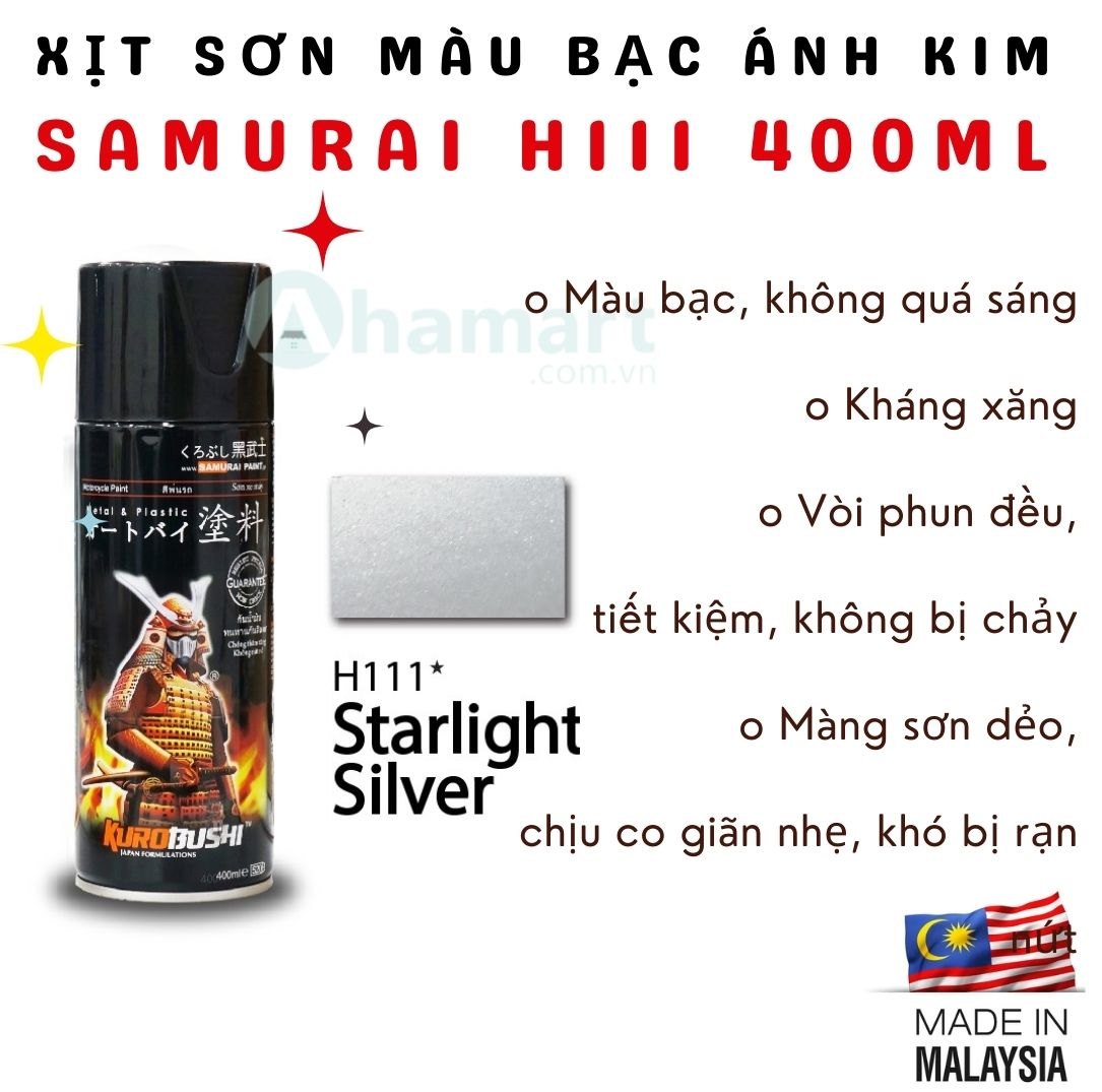 Chai xịt sơn Samurai H111 màu bạc ít ánh kim 400ml